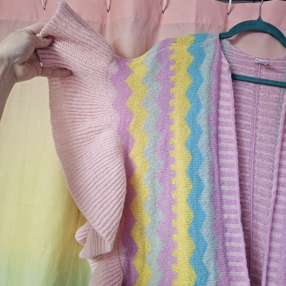 Pastel Rainbow Kawaii Fairy Kei Frilly Open Front Longlike Cardigan Sweater - Picture 3 of 7
